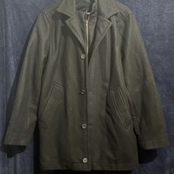 Men's Large Structure Button / Zip Coat Black Formal Pea Coat 