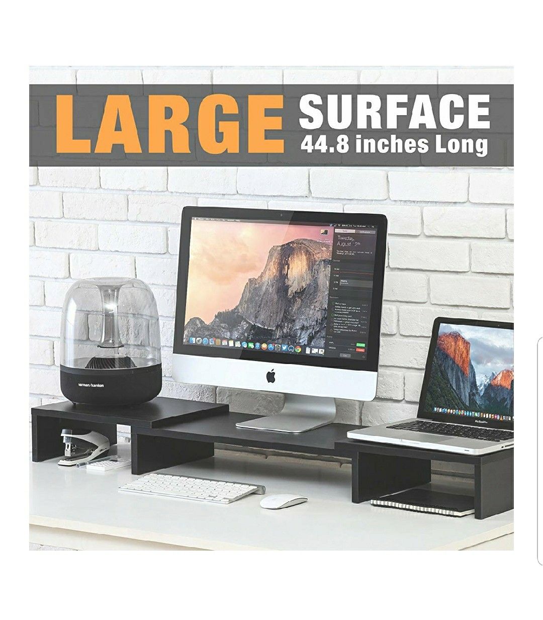 Wood Dual Monitor Stand Riser with Adjustable Length Multi Media Speaker TV PC Laptop Computer Screen Stand Riser Desktop Stand Storage