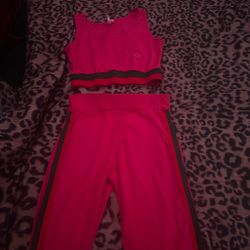 Pink work out set with green and red stripes