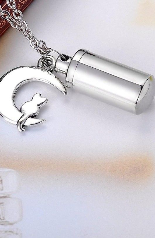 NEW Cremation or Perfume Urn 1 1/8" x 3/8" w/rubber gasket + Kitty Cat on a 22" Necklace + Kitty Cat Charm on a Keychain. Durable for daily wear.