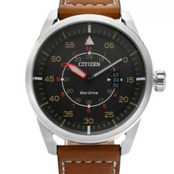 Citizen Eco-Drive Aviator Power Reserve Watch Men Leather Band 44mm