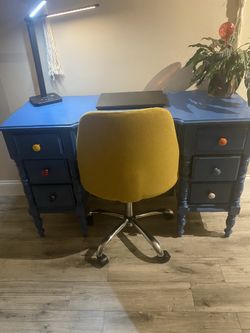 Artsy mid century blue desk with yellow rolling chair included