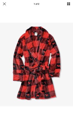 Victoria’s Secret pink robe in red and black flannel pattern Christmas
