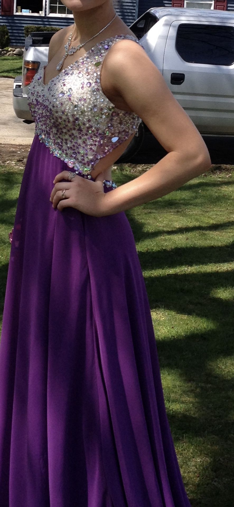 Purple Beaded & Chiffon One Shoulder Prom Formal Dress