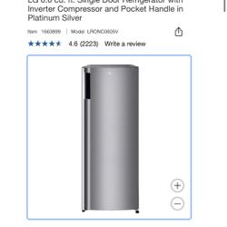 LG 6.0 cu. ft. Single Door Refrigerator with Inverter Compressor and Pocket Handle in Platinum Silver