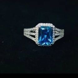 Emerald Cut Blue Sterling Silver Ring