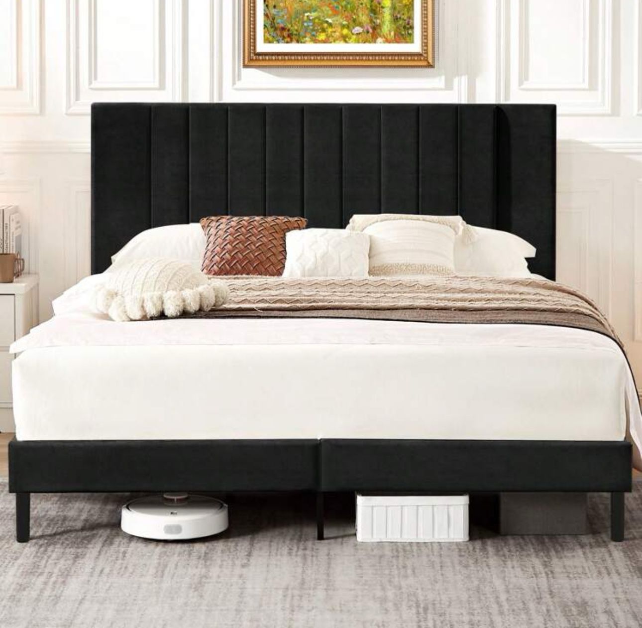 Flolinda Full Size Platform Bed Frame with Velvet Upholstered Headboard With Mattress And Box Spring (BRAND NEW) 