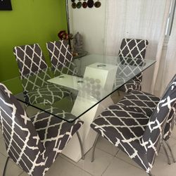 Modern Glass Dining Table With Six Chairs, Removable and Washable Covers