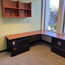 Free: Desk, wall shelves, floor mat, drawers!