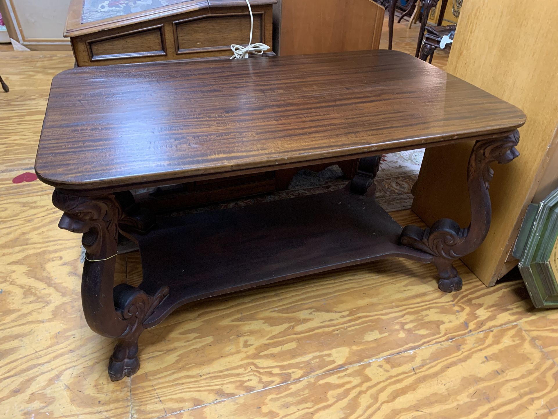 Antique Carved Lion Head Library Table
