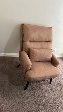 Tan High-Back Accent Chair with Lumbar Pillow