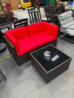 Outdoor Patio Furniture Set, PE Rattan Patio Wicker Conversation Chair Set with Red Cushions and Coffee Table, Brown Rattan Patio Set