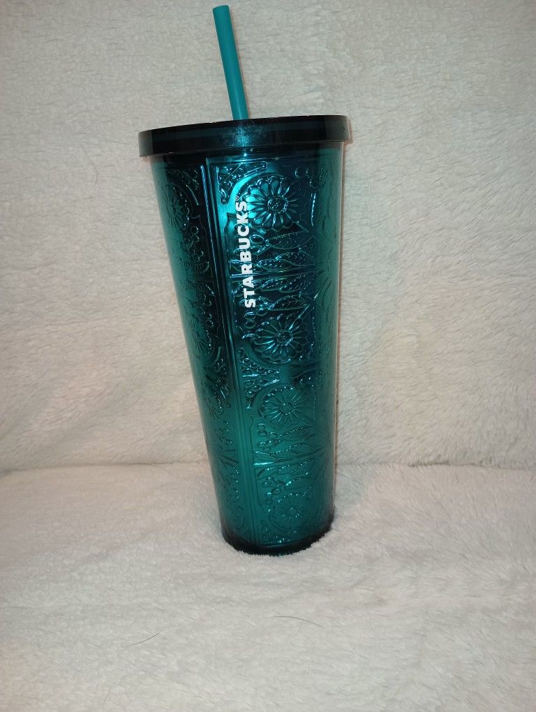 Starbucks 2017 Cold Cup 24oz Tumbler Embossed Tin Floral Metallic Foil Teal Blue
