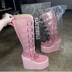 Demonia Clear Pink Trinity Buckle Boots