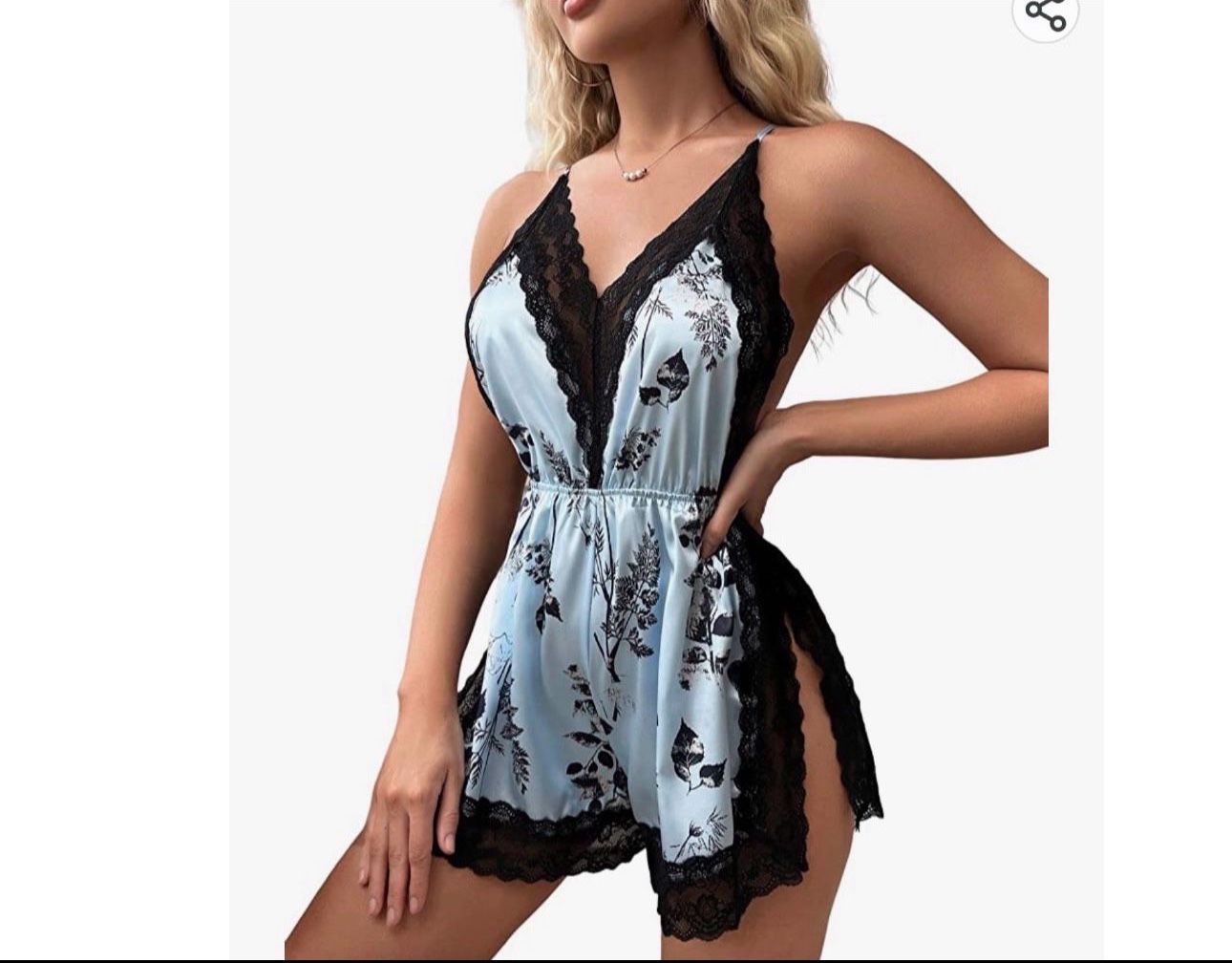 Floral Print Nightgown Romper with Lace Trim, High Cut Lingerie