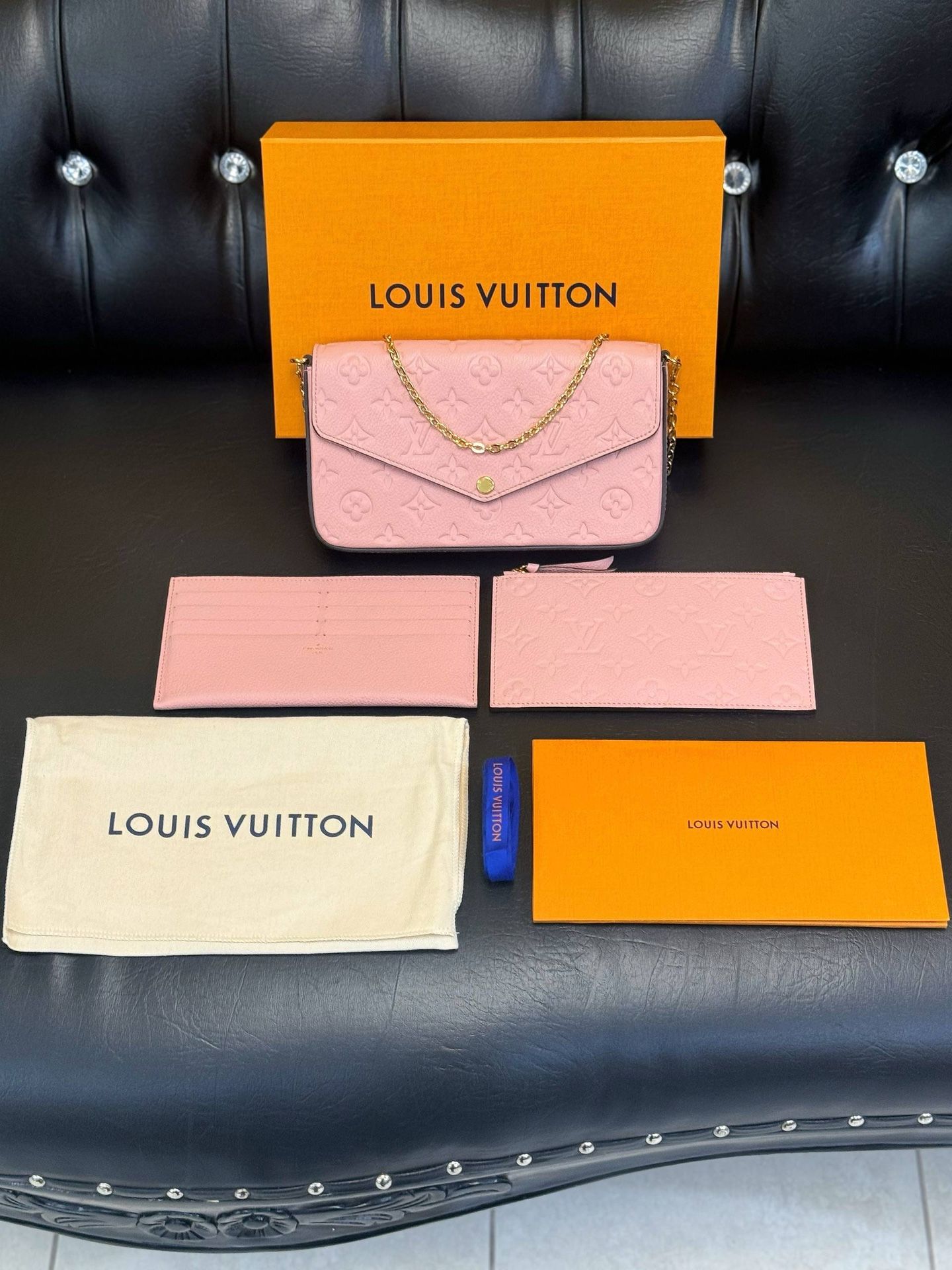 Louis Vuitton Pink Monogram Empreinte Pochette Felicie Bag M82608 & accessories