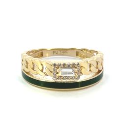 Woman’s Ladies 14k Yellow Gold Cuban Link Split Shank Ring With Green Enamel And Baguette Cut CZ Cubic Zirconia Ring Size 7.5 GP3127107
