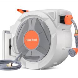 Retractable Garden Hose Reel, 5/8 in x 65 Ft with 9 Function Sprayer Nozzle, Any-Length Lock, Automa