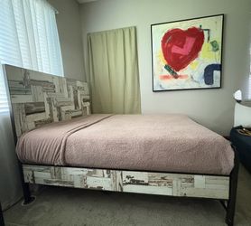 Vintage Anthropology Full/Queen Wood And Metal Solid Bed Frame With Slats No Box Spring Needed