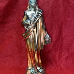 Vintage 10.25 Inch Tall x 2.75 Inch Base Silver & Copper Plated Alabaster Christ Statue Imported From Greece