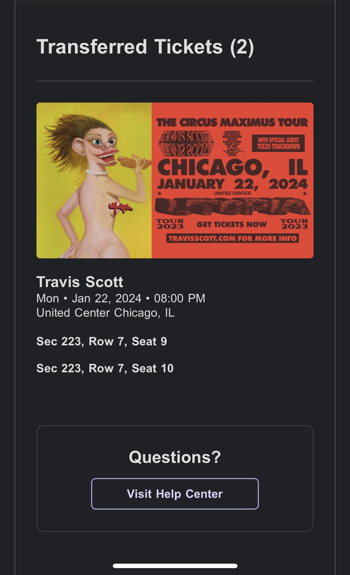 Travis Scott Concert Tickets Section 223