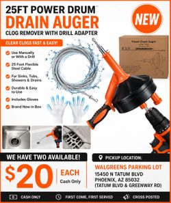 25FT Power Drum Drain Auger Snake with Drill Adapter – Clog Remover for Sinks, Tubs & Showers – New in Box