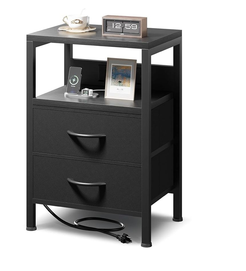 Black Nightstand with USB Ports and Outlets, 2 Fabric Storage Drawers