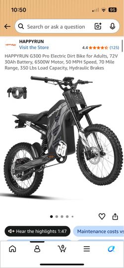 HAPPYRUN G300 Pro Electric Dirt Bike for Adults, 72V 30Ah Battery, 6500W Motor, 50 MPH Speed, 70 Mile Range, 350 Lbs Load Capacity, Hydraulic Brakes