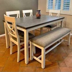✅️✅️(6 pc white & grey finish wood dining table set grey padded seat chairs and bench✅️✅️✅️