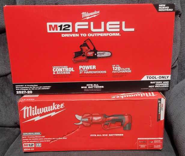 FATHER'S DAY WEEKEND SPECIAL ONLY $160 MILWAUKEE M12 Pruning Shears Kit with battery and charger and 
M12 FUEL 6 ln.Pruning ChainSaw HATCHET