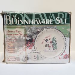 Vintage Atico International "Let It Snow" 18-piece Christmas snowman stoneware dinnerware set. 