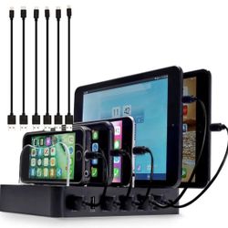 #223-Multi Device Charging Station - 6 Port USB Charging Station with Dividers & Blue Light Includes Lightning Cables, Micro USB Cables & USB C Cable 