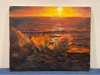 Stunning c1980s Sunset Seascape Oil Painting by California Artist Kathi Colman
