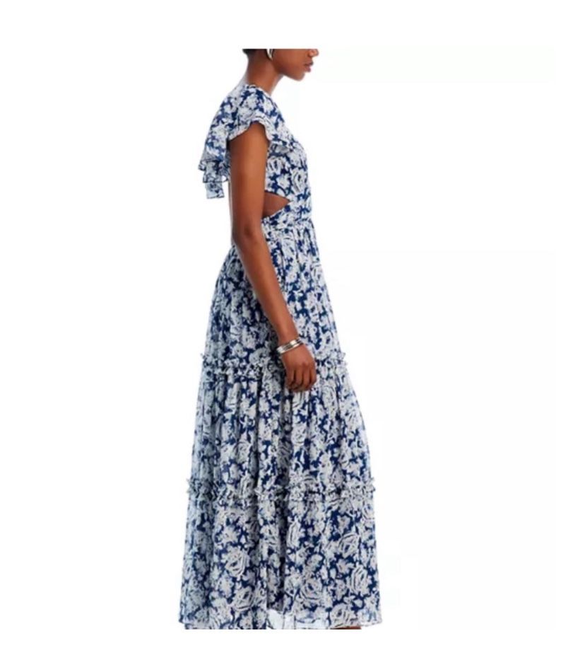 Aqua Womens Flutter Sleeve Metallic Maxi Dress NWOT Blue, White, and Gold
