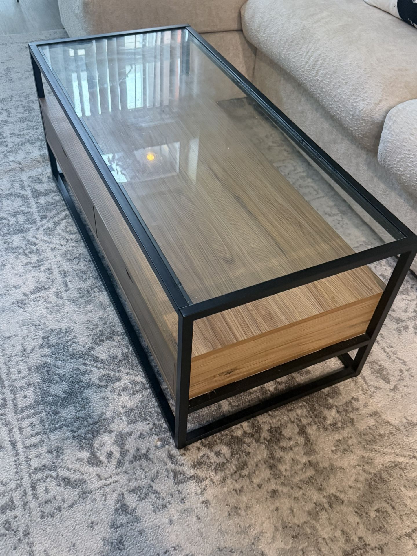 Wooden Coffee Table. Glass Top with Storage