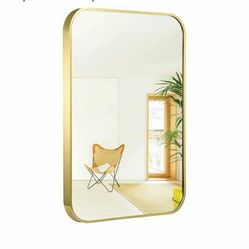 0040: New 20"x30" Brushed French Gold Mirror for Wall, Gold Rounded Rectangle Mirror with Metal Frame Hanging for Bathroom Entryway Vanity, Living Roo
