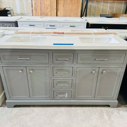 ‼️ Brand New 60 in. W x 23.5 in. D x 3 Bathroom Vanity in Gray with Marble Top in White  $799 