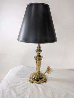 Traditional Ornate Brass Table Lamp with Fluted Details & Black Tapered Shade