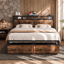 Queen Bed with mattress 2 Storage Drawers and Charging Station