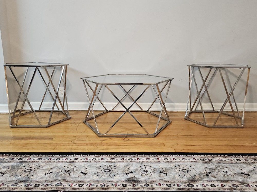 Chrome Finish Hexagonal Occasional 3-Piece Table Set ( Good Condition)