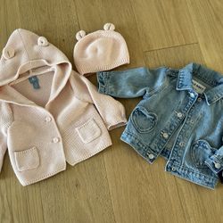 6-12mos babyGap knit sweater and hat, Old Navy jean jacket 