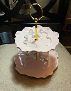 Two Tier pink trinket tray with white  bows
