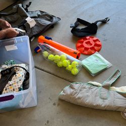 Assorted Dog Items Body Suit Seat Cover Lick Pads Ball Shooter With Balls Etc