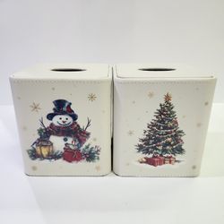 2 Leather Tissue Box Holders Square W/Round Edges Design (Snowman, Tree)
