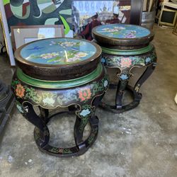 Pair Of Chinese Lacquered Hand Painted  Cloisonne Top Garden Seat Tables 20.75"