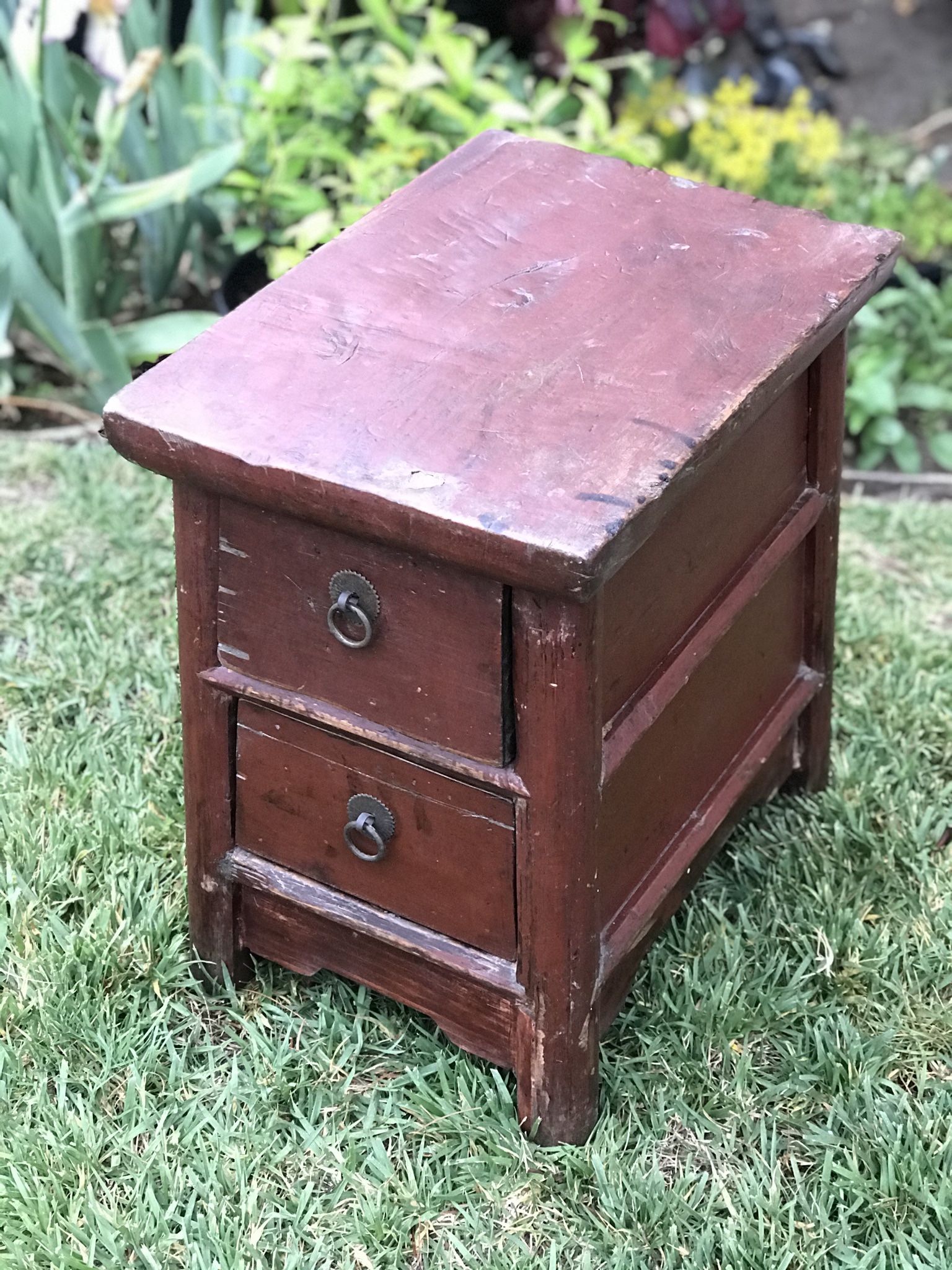 Small Wood Asian 2 Drawer Table Garden Stool Bench Stand
