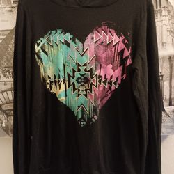 Black Hoodie Sweater With Colorful Heart Design. 