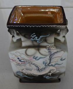 Beautiful vintage square ceramic vase, raised moriage dragon design on front. Two sculpted side handles. Brown glazed interior, shaded grey/white exte