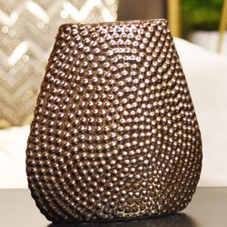 Stoneware Elliptical Bellied Vase Beaded Chrome Finish Bronze, Bronze