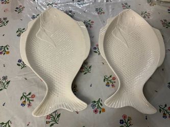 White Ceramic Fish-Shaped Serving Platters Set of 2